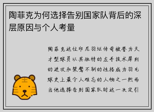 陶菲克为何选择告别国家队背后的深层原因与个人考量 陶菲克为何选择告别国家队背后的深层原因与个人考量